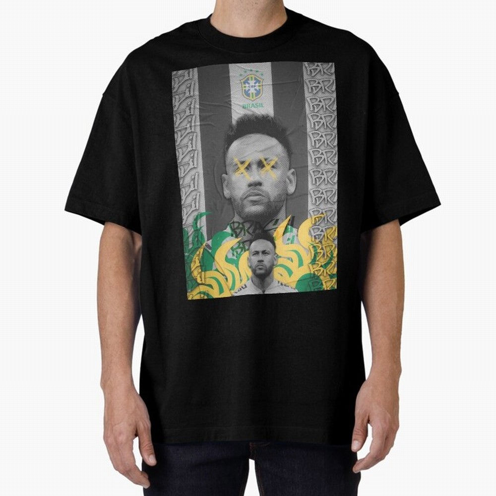 Brazil Football Star Grunge Poster Oversized T-Shirt Celebrate the Stars of FIFA World Cup 2026 for Fans of Haaland and Spain, Bringing Match Day Excitement, Supporter Culture, Golden Goals and Global Football Passion; Ideal for Fans Who Follow