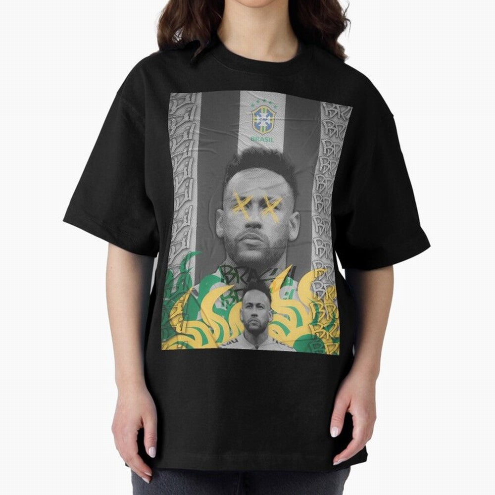 Brazil Football Star Grunge Poster Oversized T-Shirt Celebrate the Stars of FIFA World Cup 2026 for Fans of Haaland and Spain, Bringing Match Day Excitement, Supporter Culture, Golden Goals and Global Football Passion; Ideal for Fans Who Follow