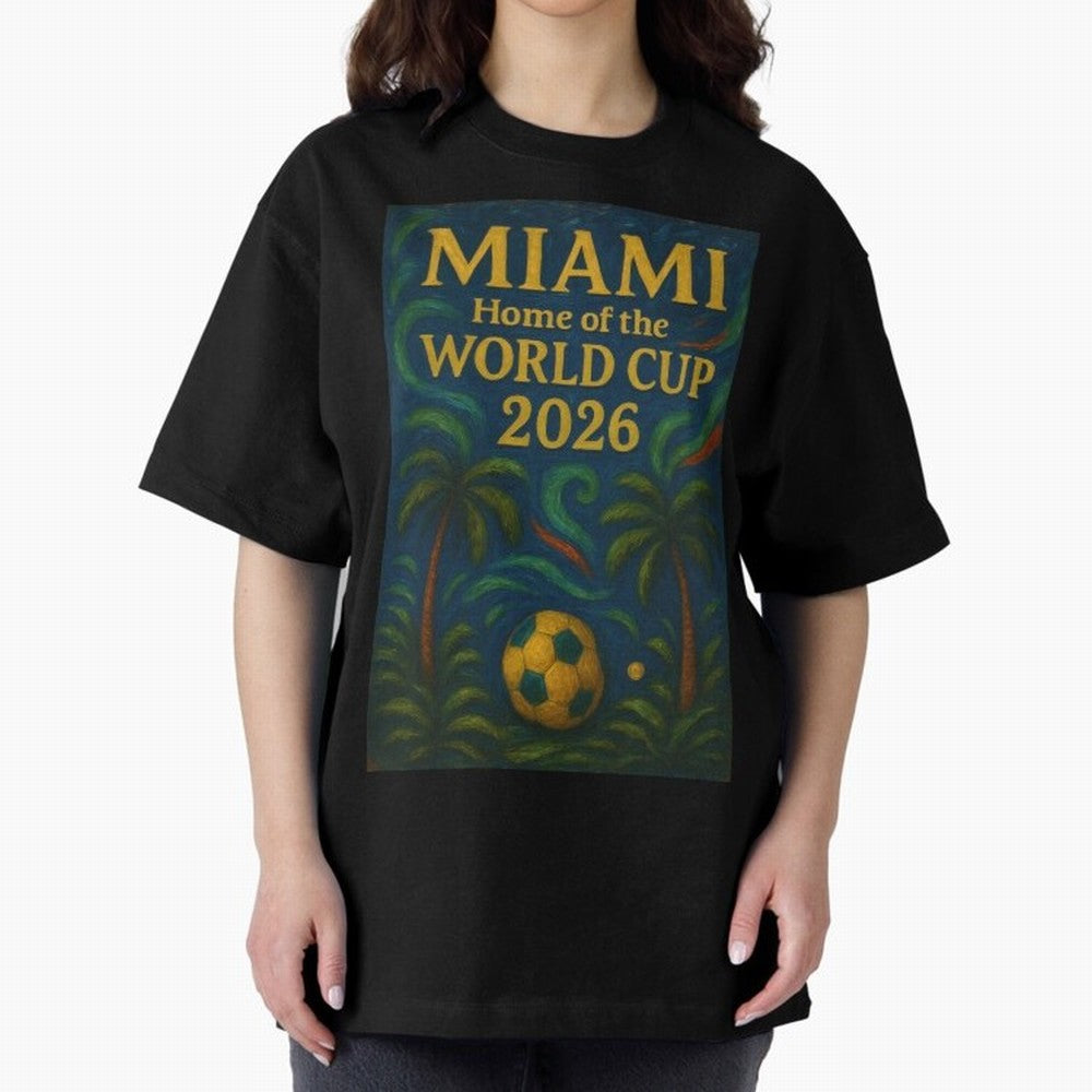 Miami Home of the World Cup 2026 Soccer Fan Poster ¡ª Tropical Art Print Classic T-Shirt Support FIFA World Cup 2026 Group Stage Spirit, Featuring Argentina, France and Brazil, Messi and Cristiano Ronaldo, Retro Football Energy, Iconic Rivalries,