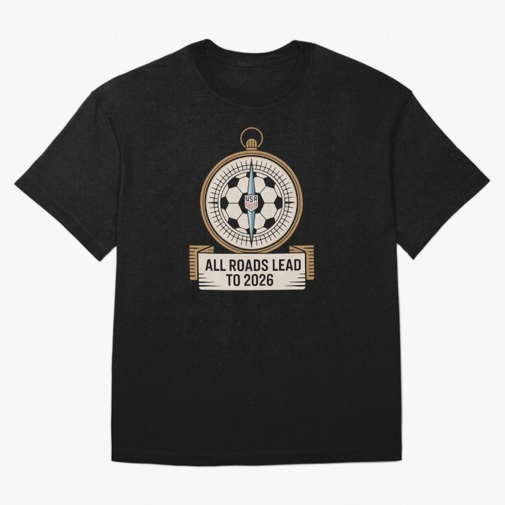 All Roads Lead to 2026 USA Soccer Compass World Cup Classic T-Shirt Celebrate Supporters United by Global Football Passion for FIFA World Cup 2026, Capturing Neymar, England, Retro Football Energy, Iconic Rivalries, Trophy Chase Drama and Stadium