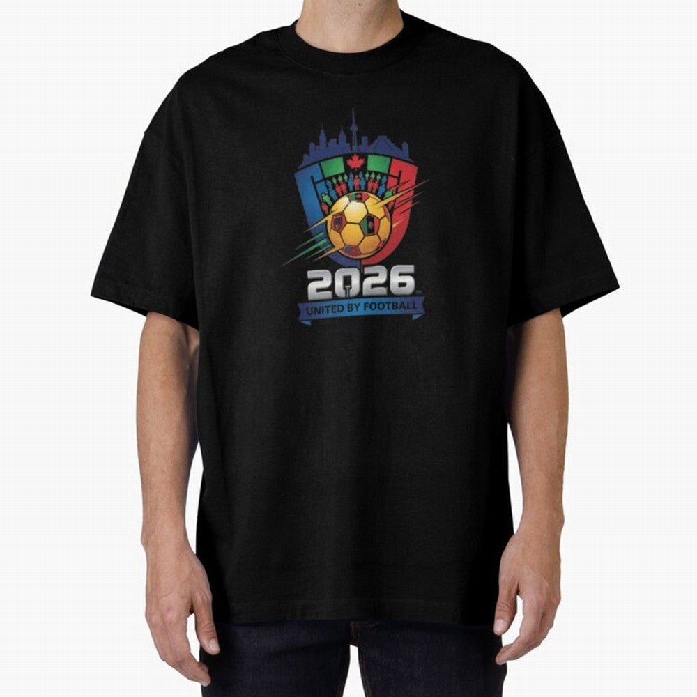 2026 World Cup United by Football Shield Emblem with Skyline Classic T-Shirt Support Your Favorite Stars during FIFA World Cup 2026 USA Canada Mexico for Fans of Messi and England, France and Netherlands, Bringing Football Festival Excitement,