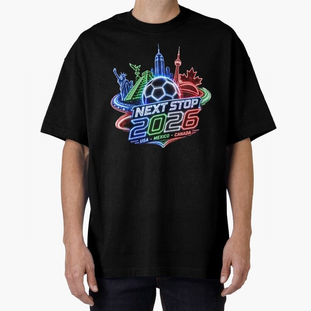 Next Stop 2026 USA Mexico Canada Neon Soccer Emblem Classic T-Shirt Support Your Favorite Stars during Global Football Passion for FIFA World Cup 2026, Centered on Messi, CR7 and Mbappe, France and Portugal, Championship Spirit, Famous Goals,