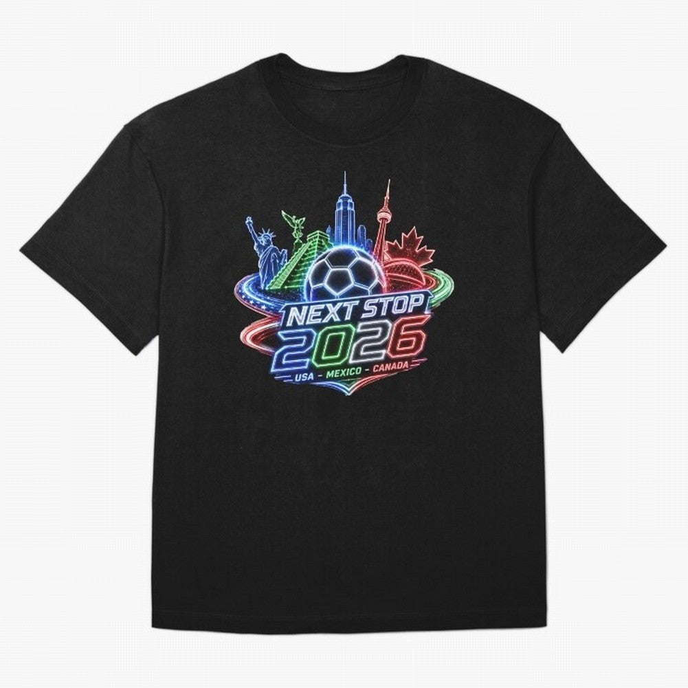 Next Stop 2026 USA Mexico Canada Neon Soccer Emblem Classic T-Shirt Support Your Favorite Stars during Global Football Passion for FIFA World Cup 2026, Centered on Messi, CR7 and Mbappe, France and Portugal, Championship Spirit, Famous Goals,