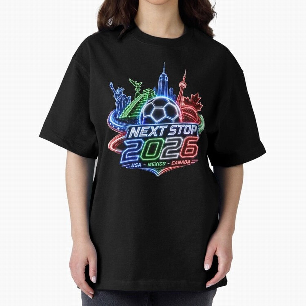 Next Stop 2026 USA Mexico Canada Neon Soccer Emblem Classic T-Shirt Support Your Favorite Stars during Global Football Passion for FIFA World Cup 2026, Centered on Messi, CR7 and Mbappe, France and Portugal, Championship Spirit, Famous Goals,