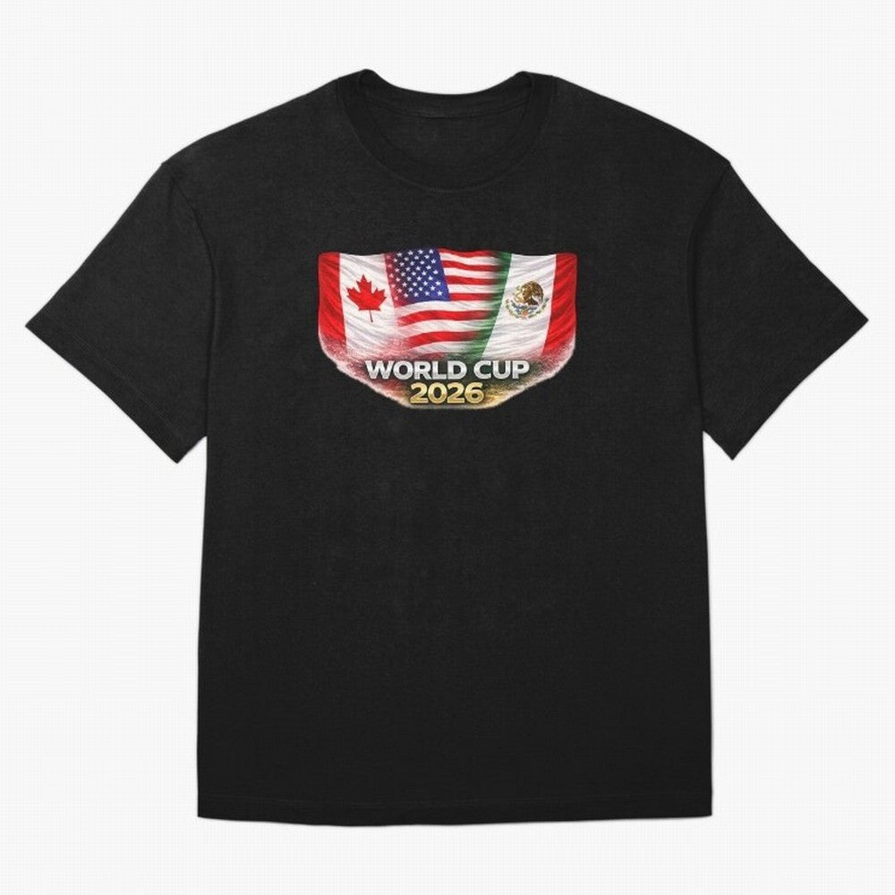 World Cup 2026 North America Flags Design ¨C USA Canada Mexico Soccer Fan Graphic Classic T-Shirt Follow FIFA World Cup 2026 Group Stage Spirit, Made for France and Portugal, Cristiano Ronaldo, Championship Spirit, Famous Goals, Roaring Crowds and