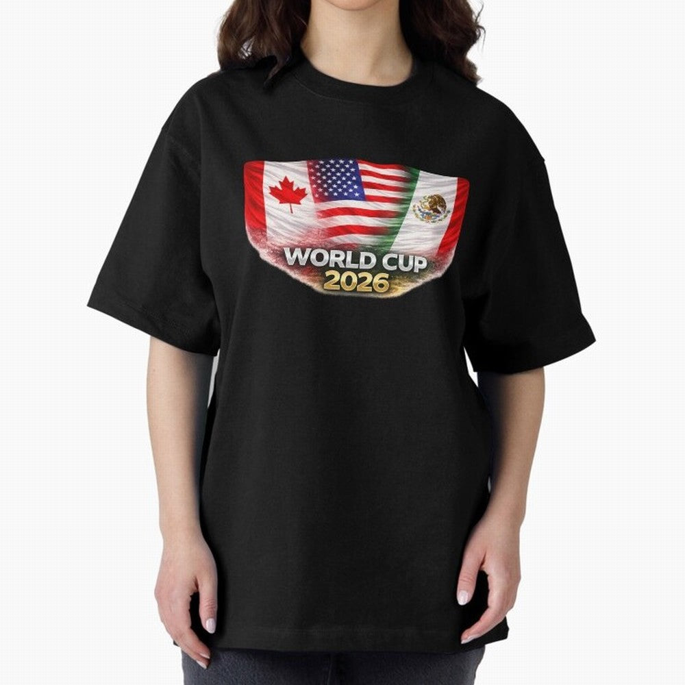 World Cup 2026 North America Flags Design ¨C USA Canada Mexico Soccer Fan Graphic Classic T-Shirt Follow FIFA World Cup 2026 Group Stage Spirit, Made for France and Portugal, Cristiano Ronaldo, Championship Spirit, Famous Goals, Roaring Crowds and