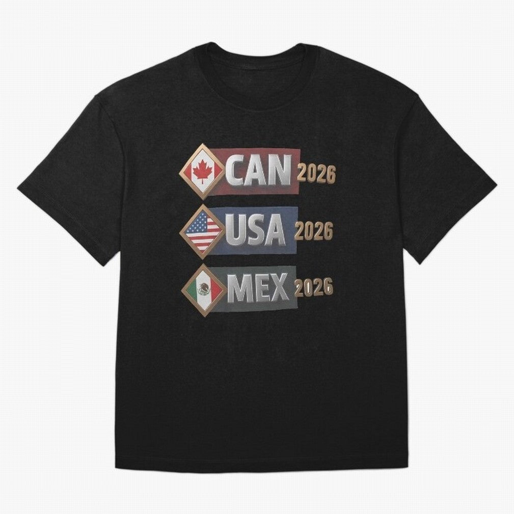 CAN USA MEx 2026 Flags, Canada USA Mexico Soccer Tournament Classic T-Shirt Show Championship Spirit for Match Day Hype around FIFA World Cup 2026 USA Canada Mexico, Mbappe and Neymar, England and Germany, Match Day Excitement, Supporter Culture,