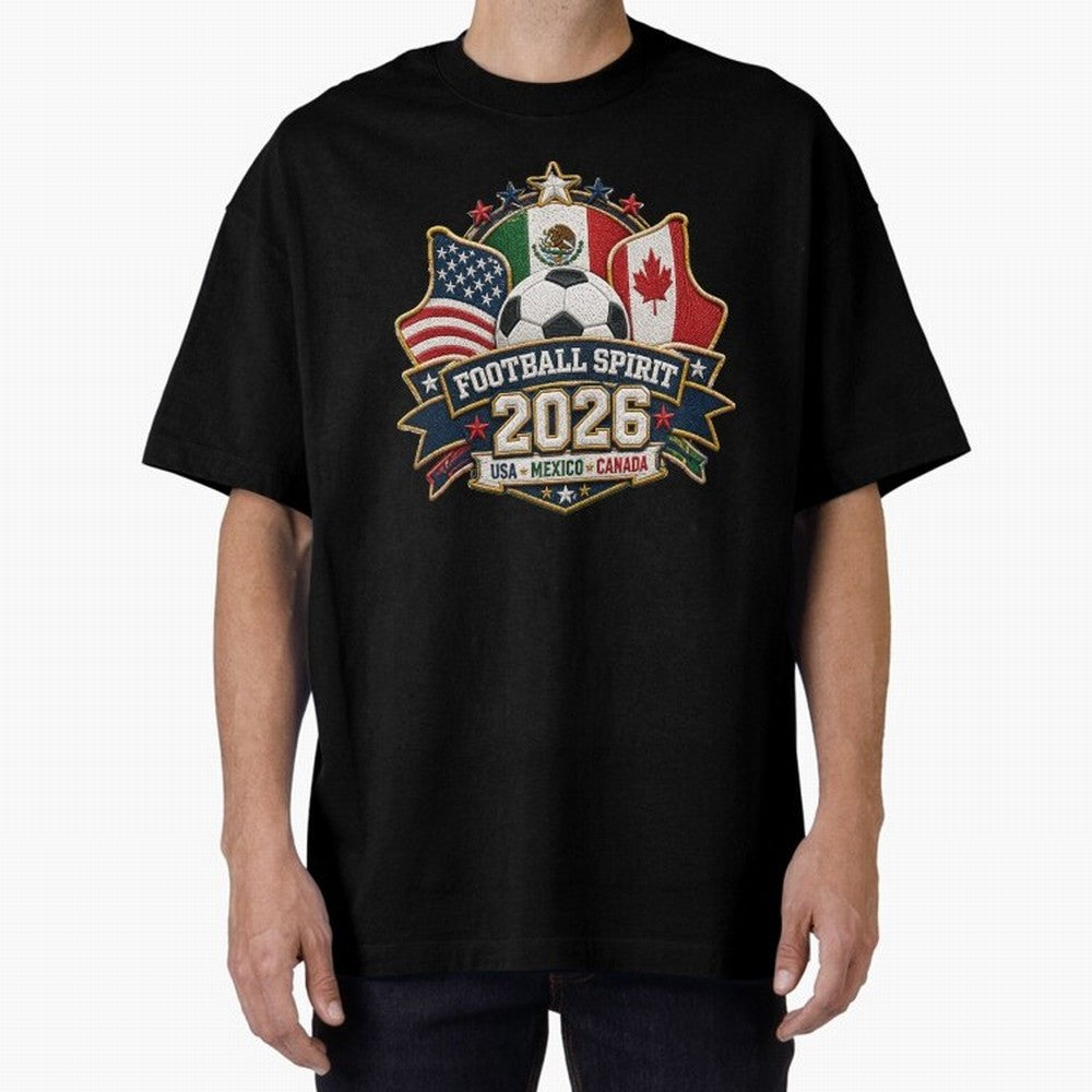Football Spirit 2026 USA Mexico Canada Patch Design Classic T-Shirt Feel the Roar of Match Day Hype around FIFA World Cup 2026, Messi, CR7 and Mbappe, Spain, Worldwide Fan Energy, Dramatic Goals, Stadium Lights and Championship Celebrations;