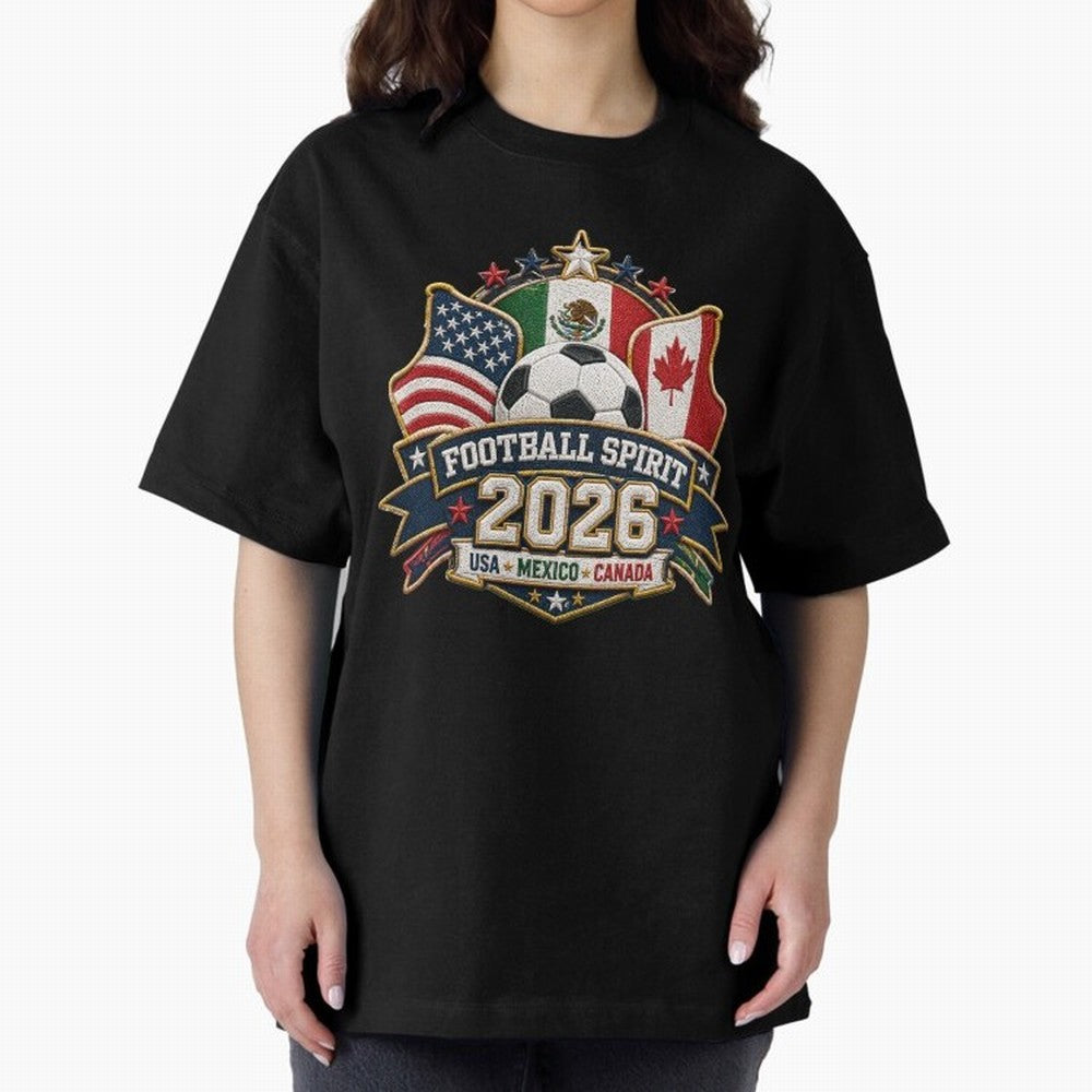 Football Spirit 2026 USA Mexico Canada Patch Design Classic T-Shirt Feel the Roar of Match Day Hype around FIFA World Cup 2026, Messi, CR7 and Mbappe, Spain, Worldwide Fan Energy, Dramatic Goals, Stadium Lights and Championship Celebrations;