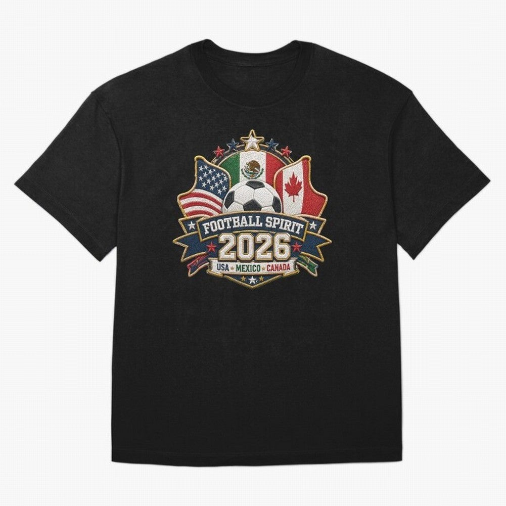 Football Spirit 2026 USA Mexico Canada Patch Design Classic T-Shirt Feel the Roar of Match Day Hype around FIFA World Cup 2026, Messi, CR7 and Mbappe, Spain, Worldwide Fan Energy, Dramatic Goals, Stadium Lights and Championship Celebrations;