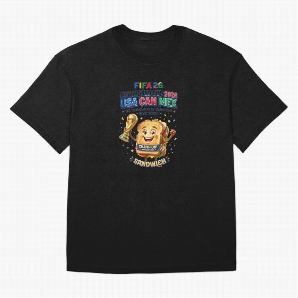 Cartoon Sandwich Champion Holding 2026 World Cup Trophy Classic T-Shirt Mark FIFA World Cup 2026 Group Stage for Fans of Neymar, Haaland and Cristiano Ronaldo and Brazil, Bringing Football Festival Excitement, Trophy Ambitions, Country Rivalries
