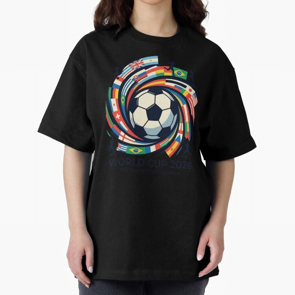 2D World Cup 2026 Football Spiral Flag Design T-Shirt Oversized T-Shirt Carry the Dream of the FIFA World Cup 2026 Group Stage Journey through Cristiano Ronaldo Highlights, England and Germany Pride, Classic Soccer Heritage, Championship Pressure,