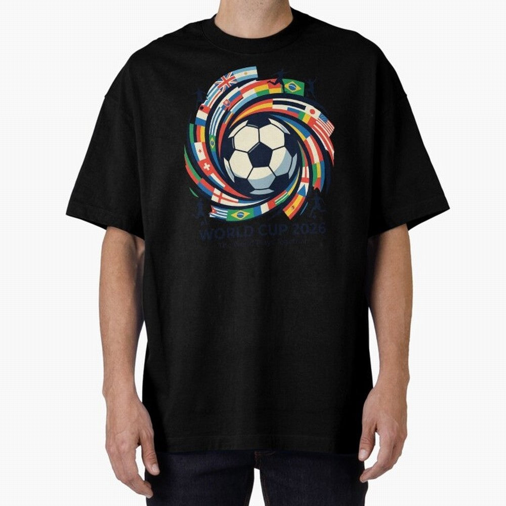 2D World Cup 2026 Football Spiral Flag Design T-Shirt Oversized T-Shirt Carry the Dream of the FIFA World Cup 2026 Group Stage Journey through Cristiano Ronaldo Highlights, England and Germany Pride, Classic Soccer Heritage, Championship Pressure,