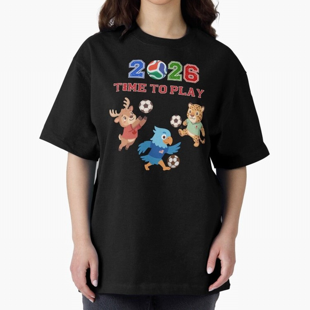 Soccer Mascots 2026 USA Mexico Canada Time To Play Oversized T-Shirt Join the Global Buzz around FIFA World Cup 2026 with Messi and Cristiano Ronaldo, Spain Energy, Sports Nostalgia, International Competition, Famous Players and Unforgettable