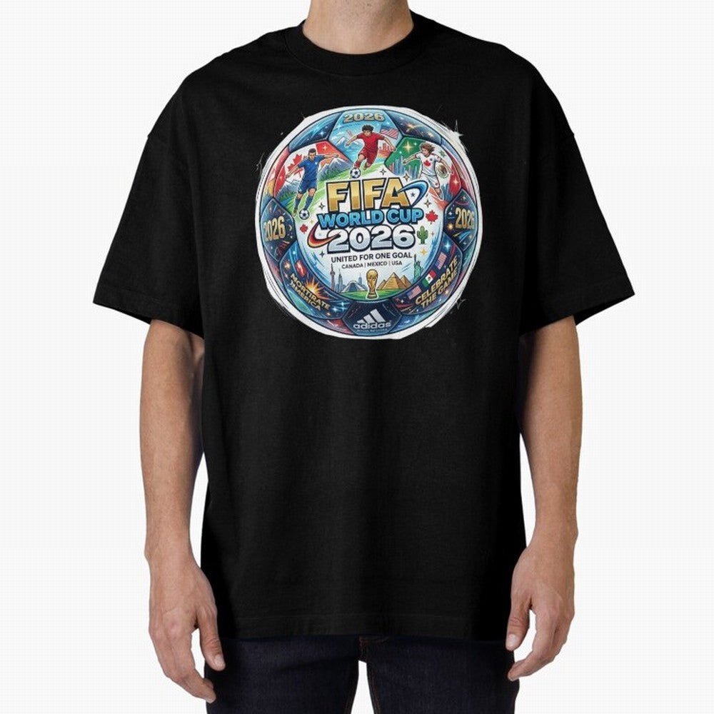 FIFA World Cup 2026 Official Match Ball Concept Art - Canada Mexico USA Oversized T-Shirt Bring FIFA World Cup 2026 with Cristiano Ronaldo, England Energy, Worldwide Fan Energy, Dramatic Goals, Stadium Lights and Championship Celebrations; Great