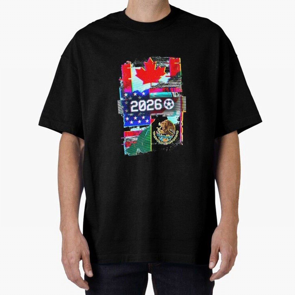 Glitched United 2026 - North America Tournament Emblem Oversized T-Shirt Stand with FIFA World Cup 2026 with Messi, CR7 and Mbappe, England, France and Netherlands Energy, Classic Soccer Heritage, Championship Pressure, Fan Loyalty and