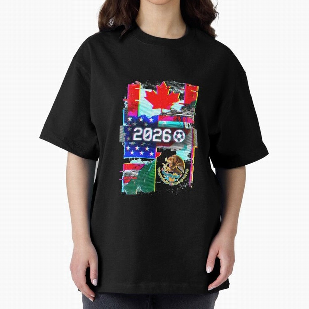 Glitched United 2026 - North America Tournament Emblem Oversized T-Shirt Stand with FIFA World Cup 2026 with Messi, CR7 and Mbappe, England, France and Netherlands Energy, Classic Soccer Heritage, Championship Pressure, Fan Loyalty and