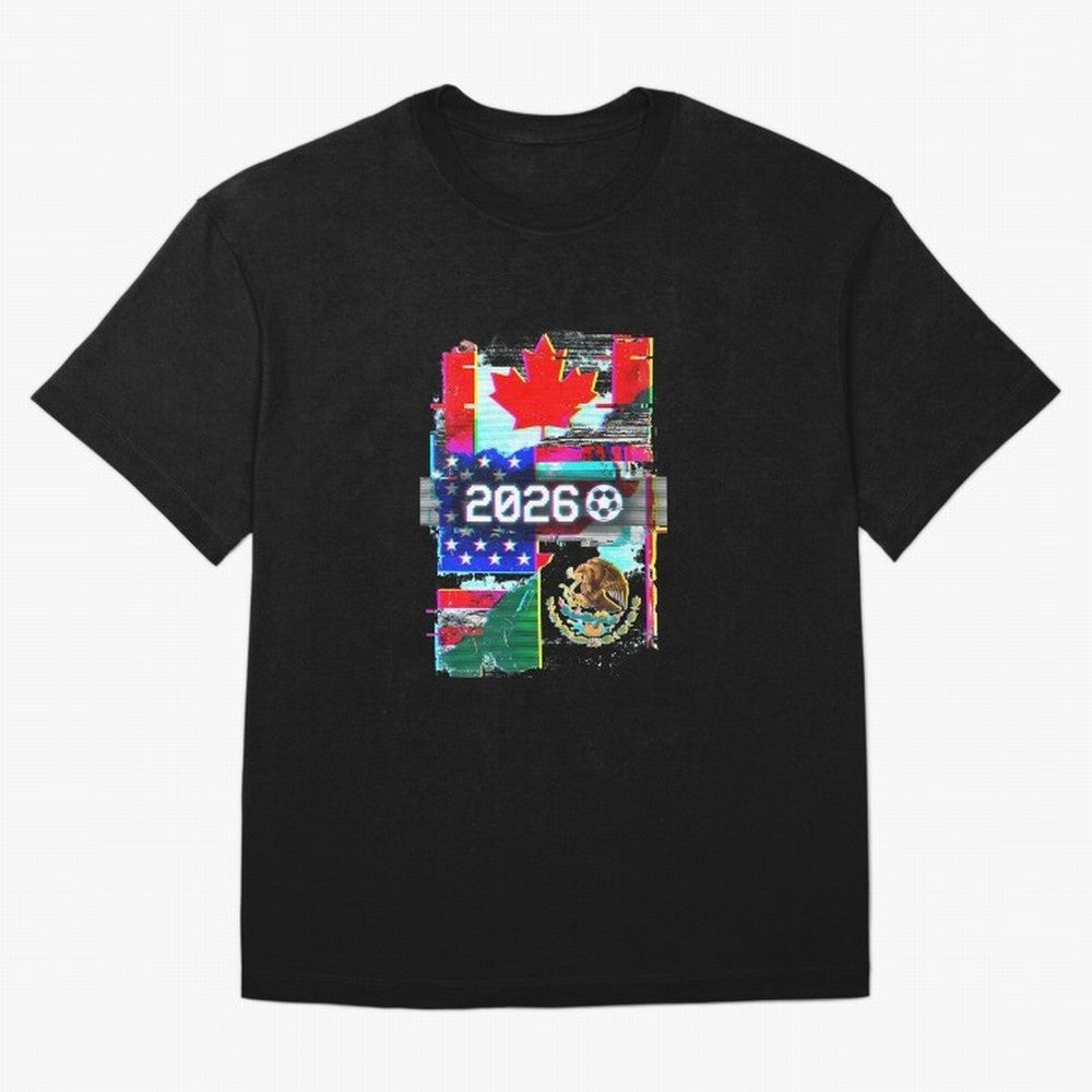 Glitched United 2026 - North America Tournament Emblem Oversized T-Shirt Stand with FIFA World Cup 2026 with Messi, CR7 and Mbappe, England, France and Netherlands Energy, Classic Soccer Heritage, Championship Pressure, Fan Loyalty and