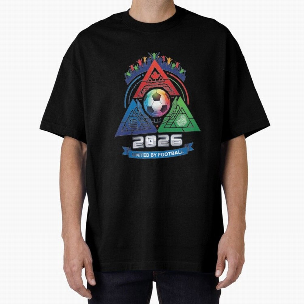 Triangular United By Football World Cup 2026 Emblem Oversized T-Shirt Show Your Love for Global Football Passion for FIFA World Cup 2026 USA Canada Mexico, Capturing CR7 and Messi, England and Germany, Vintage Soccer Flavor, Modern Football Stars,
