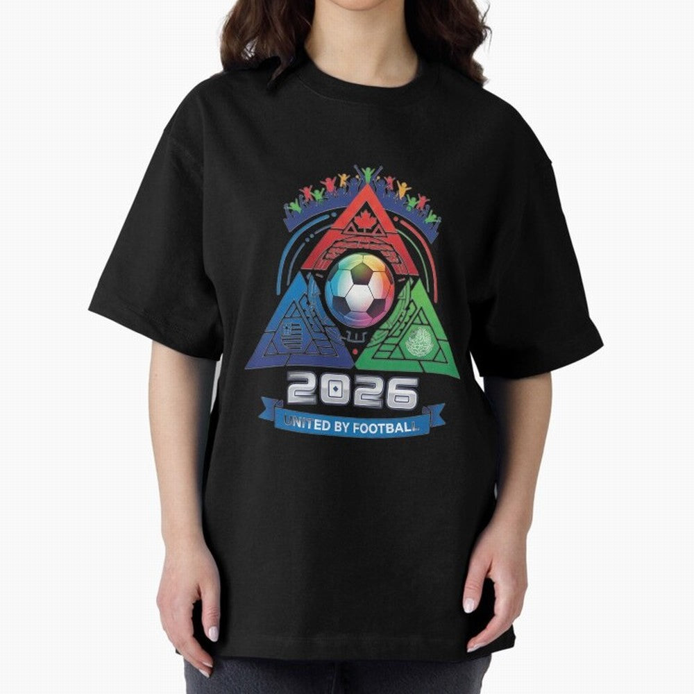 Triangular United By Football World Cup 2026 Emblem Oversized T-Shirt Show Your Love for Global Football Passion for FIFA World Cup 2026 USA Canada Mexico, Capturing CR7 and Messi, England and Germany, Vintage Soccer Flavor, Modern Football Stars,