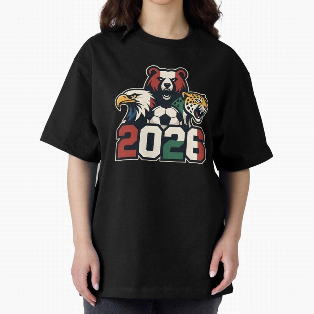World Cup 2026 USA Canada Mexico Host Mascots Oversized T-Shirt Cheer through Every Moment of FIFA World Cup 2026 Group Stage Filled with Mbappe, England and Germany Energy, Football Passion, Legendary Performances, Festival Vibes and Supporter