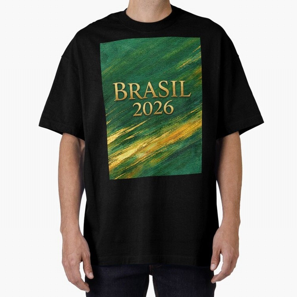 Brasil 2026 Gold Soccer Theme Oversized T-Shirt Make Memories around Match Day Hype around FIFA World Cup 2026 USA Canada Mexico, Mbappe, Argentina and Brazil, Global Supporter Spirit, Legendary Goals, National Colors and Tournament Celebration;