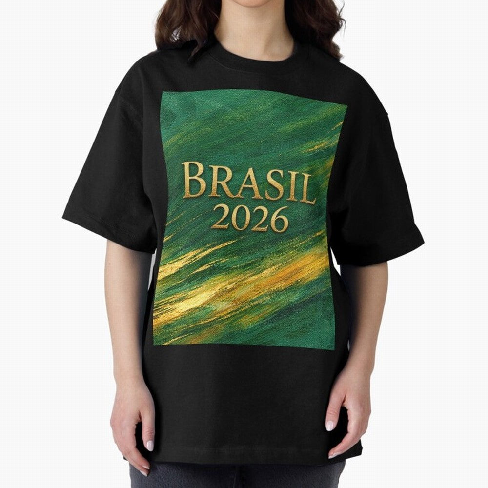 Brasil 2026 Gold Soccer Theme Oversized T-Shirt Make Memories around Match Day Hype around FIFA World Cup 2026 USA Canada Mexico, Mbappe, Argentina and Brazil, Global Supporter Spirit, Legendary Goals, National Colors and Tournament Celebration;