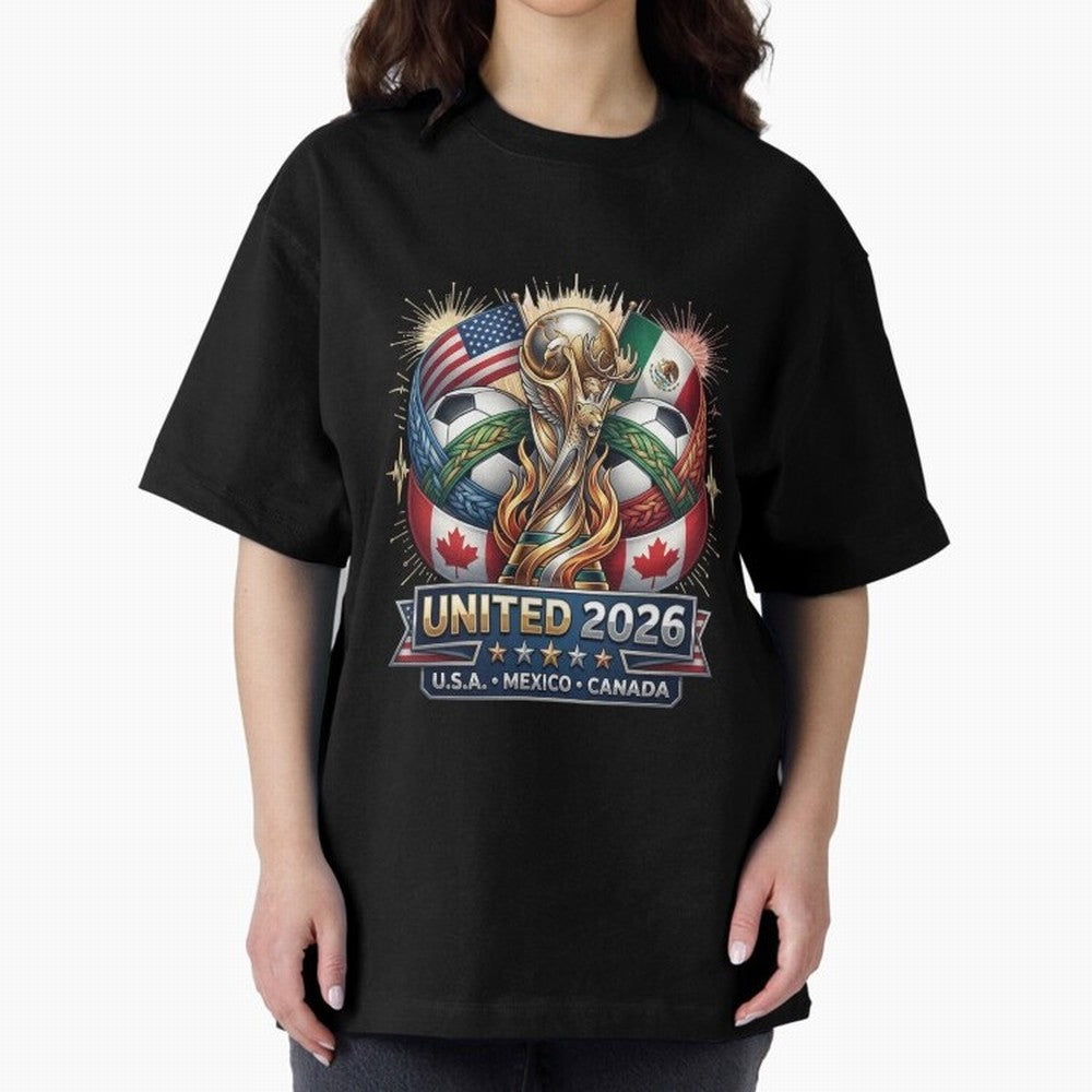 United 2026 Soccer Nations Trophy - USA Mexico Canada Mascot Art Oversized T-Shirt Feel the Roar of Global Football Passion for FIFA World Cup 2026, with Neymar, Haaland and Cristiano Ronaldo, Spain, Championship Spirit, Famous Goals, Roaring