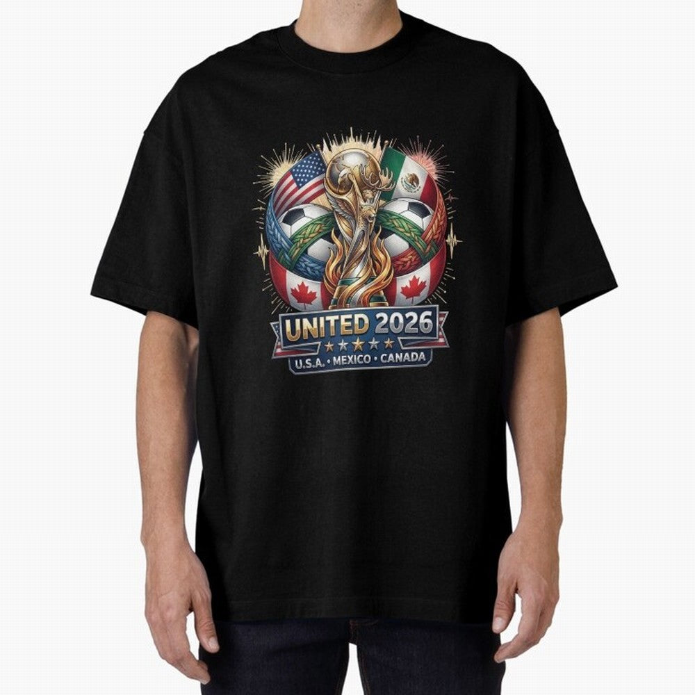 United 2026 Soccer Nations Trophy - USA Mexico Canada Mascot Art Oversized T-Shirt Feel the Roar of Global Football Passion for FIFA World Cup 2026, with Neymar, Haaland and Cristiano Ronaldo, Spain, Championship Spirit, Famous Goals, Roaring