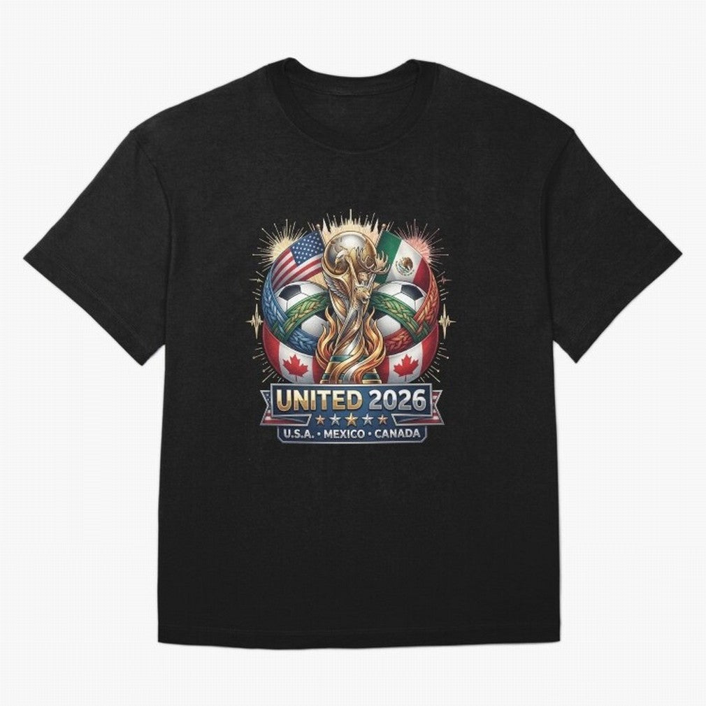 United 2026 Soccer Nations Trophy - USA Mexico Canada Mascot Art Oversized T-Shirt Feel the Roar of Global Football Passion for FIFA World Cup 2026, with Neymar, Haaland and Cristiano Ronaldo, Spain, Championship Spirit, Famous Goals, Roaring