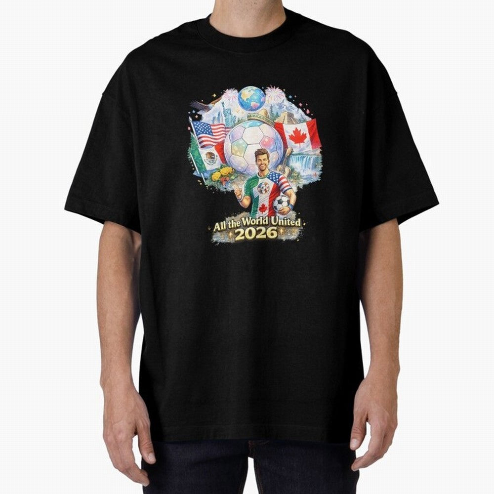 All The World United 2026 Football Design Oversized T-Shirt Create Match Day Hype around FIFA World Cup 2026 Group Stage, Neymar, Brazil, Portugal and Argentina, Retro Football Energy, Iconic Rivalries, Trophy Chase Drama and Stadium Atmosphere;