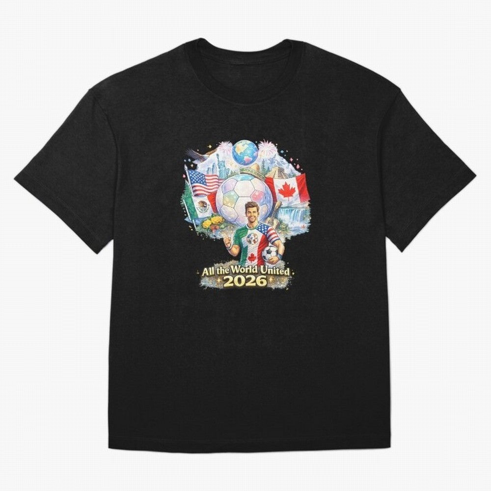 All The World United 2026 Football Design Oversized T-Shirt Create Match Day Hype around FIFA World Cup 2026 Group Stage, Neymar, Brazil, Portugal and Argentina, Retro Football Energy, Iconic Rivalries, Trophy Chase Drama and Stadium Atmosphere;
