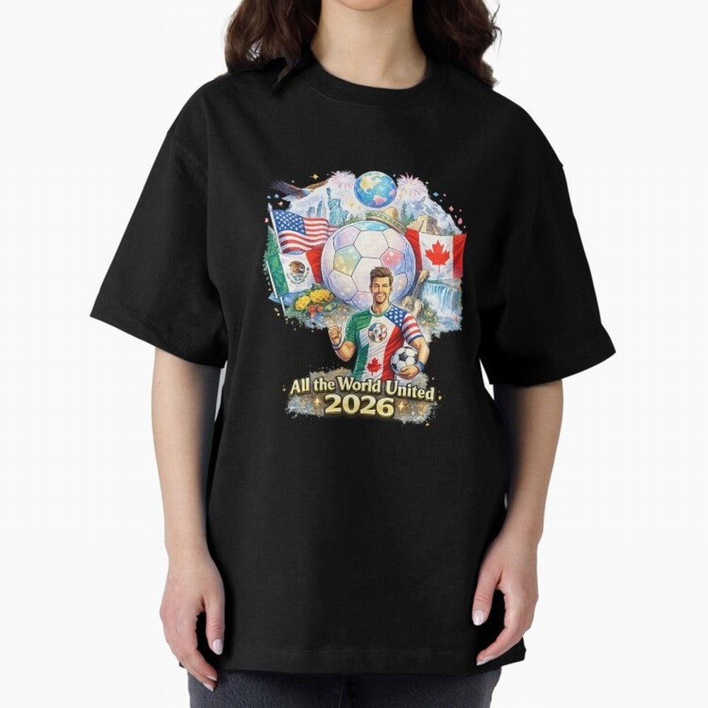 All The World United 2026 Football Design Oversized T-Shirt Create Match Day Hype around FIFA World Cup 2026 Group Stage, Neymar, Brazil, Portugal and Argentina, Retro Football Energy, Iconic Rivalries, Trophy Chase Drama and Stadium Atmosphere;