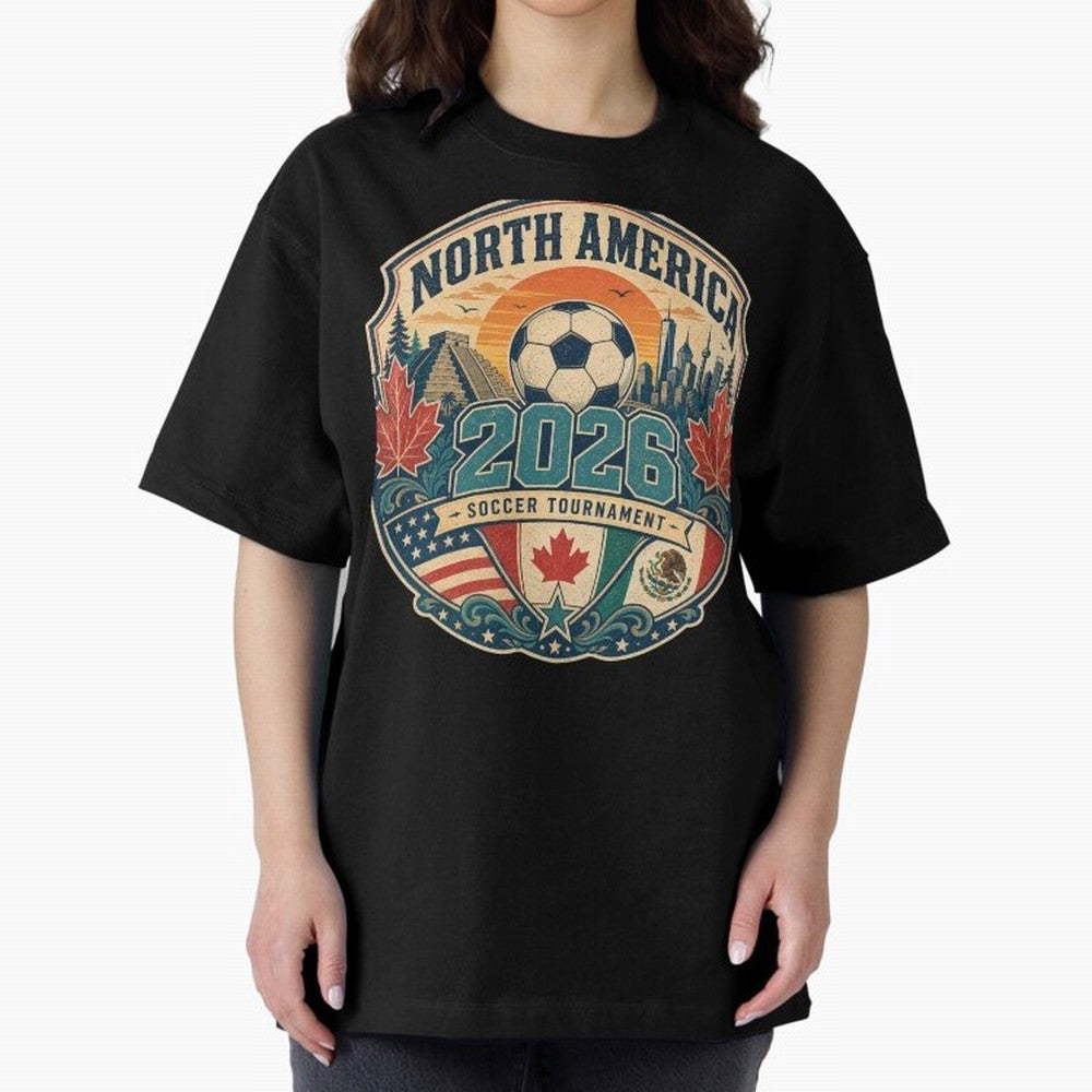 USA Canada Mexico Soccer Cup Oversized T-Shirt Feel the Trophy Chase of Global Football Passion for FIFA World Cup 2026 Group Stage, Centered on Haaland and Mbappe, England and Germany, Match Day Excitement, Supporter Culture, Golden Goals and