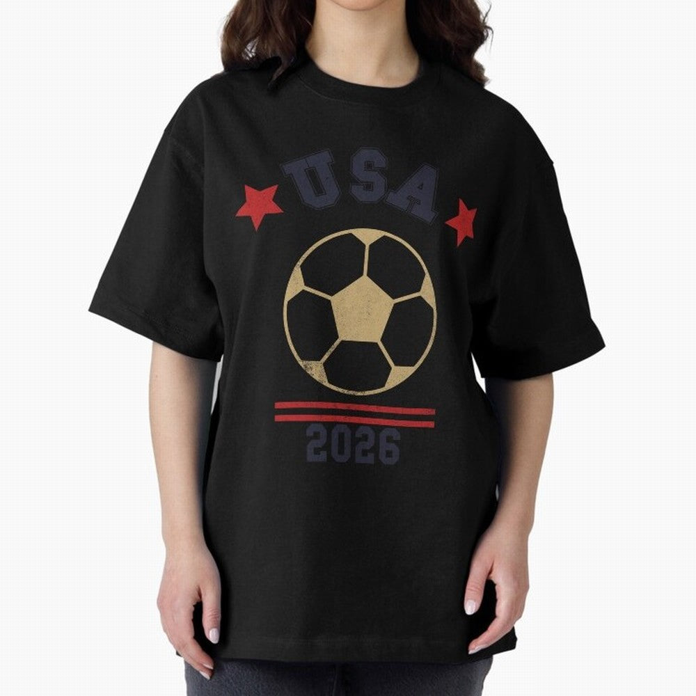 USA Soccer Fan 2026 Jersey Style Design Oversized T-Shirt Join the Countdown to FIFA World Cup 2026 USA Canada Mexico Spirit, Connected to Spain, Cristiano Ronaldo, Haaland and CR7, Classic Soccer Heritage, Championship Pressure, Fan Loyalty and