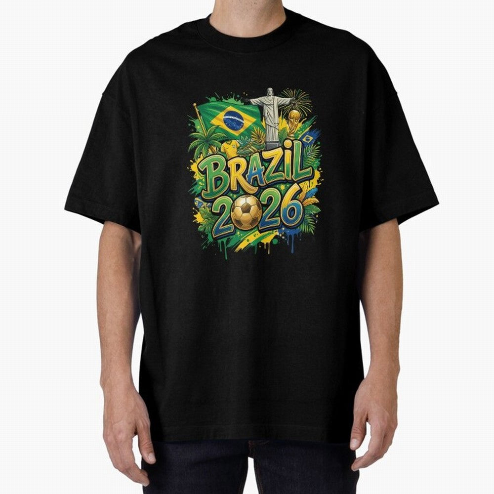 Brazil World Cup 2026 Football Legacy Oversized T-Shirt Remember Iconic Moments from Global Football Passion for FIFA World Cup 2026, Centered on Messi, Neymar and Mbappe, Brazil, Portugal and Argentina, Supporter Pride, Iconic Celebrations,