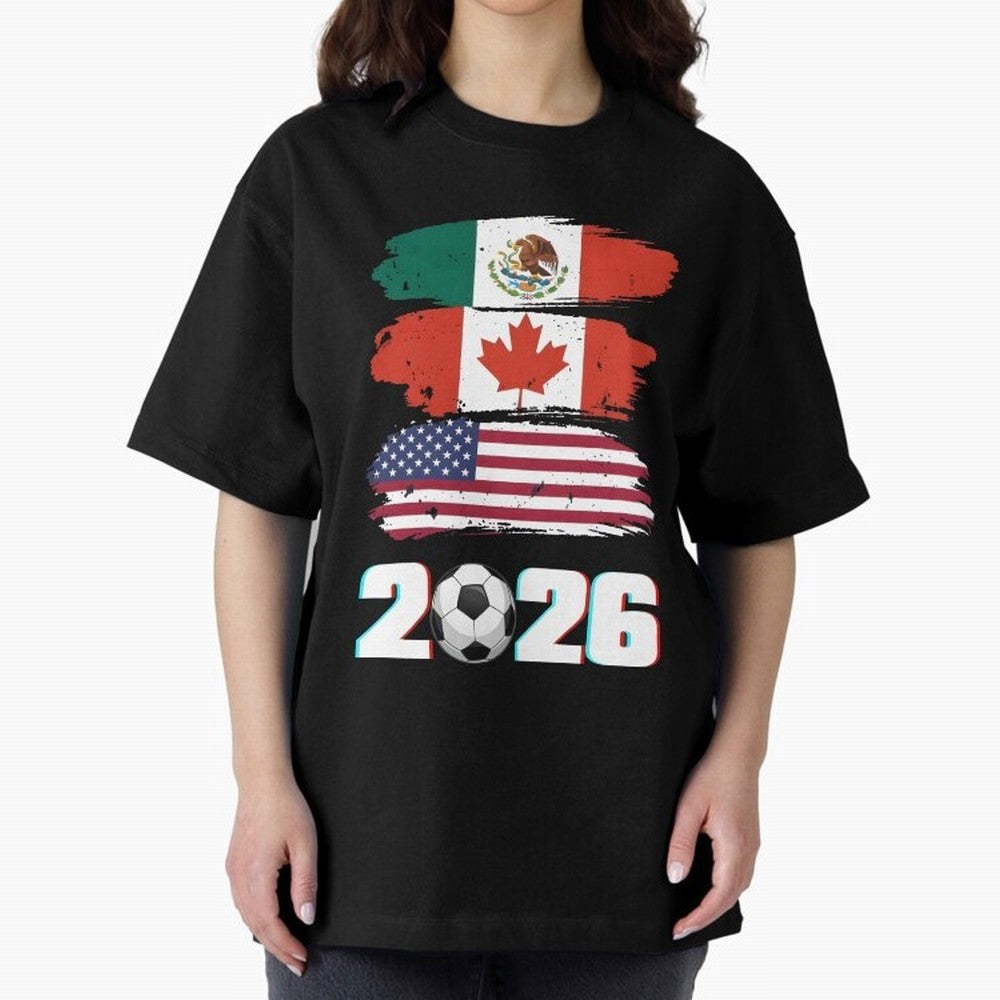 USA Canada Mexico Flag 2026 Cup Brush Art Oversized T-Shirt Celebrate the FIFA World Cup 2026 Journey through Cristiano Ronaldo, Haaland and CR7 Highlights, Brazil Pride, Retro Football Energy, Iconic Rivalries, Trophy Chase Drama and Stadium