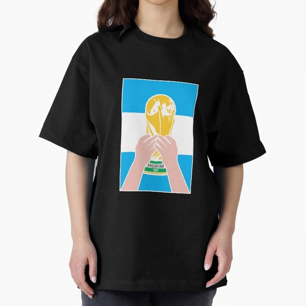 Champion Argentina 2022 Oversized T-Shirt Represent Global Football Passion for FIFA World Cup 2026 USA Canada Mexico, Inspired by Messi, CR7 and Mbappe, Portugal, Worldwide Fan Energy, Dramatic Goals, Stadium Lights and Championship Celebrations;