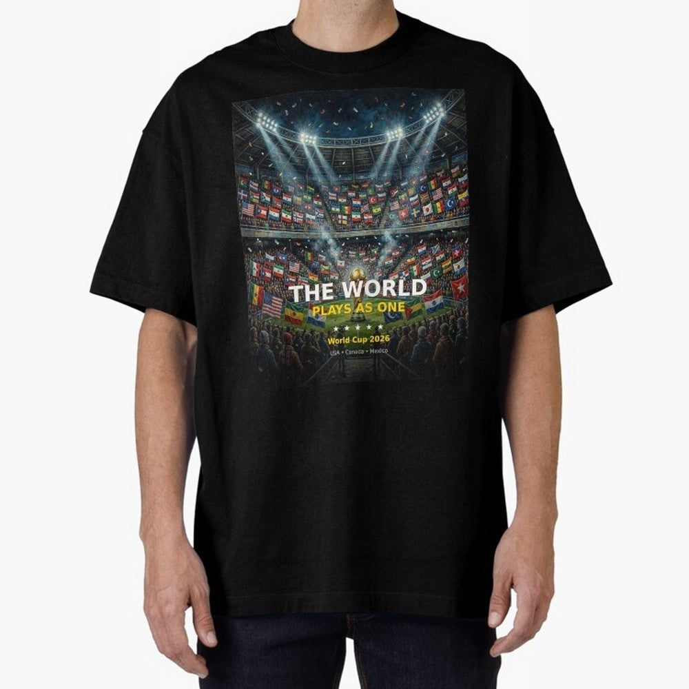 The World Plays As One - World Cup 2026 Soccer Fan Tee Oversized T-Shirt Remember Iconic Moments from FIFA World Cup 2026 Spirit, Made for Spain, Mbappe, Retro Football Energy, Iconic Rivalries, Trophy Chase Drama and Stadium Atmosphere; Ideal for