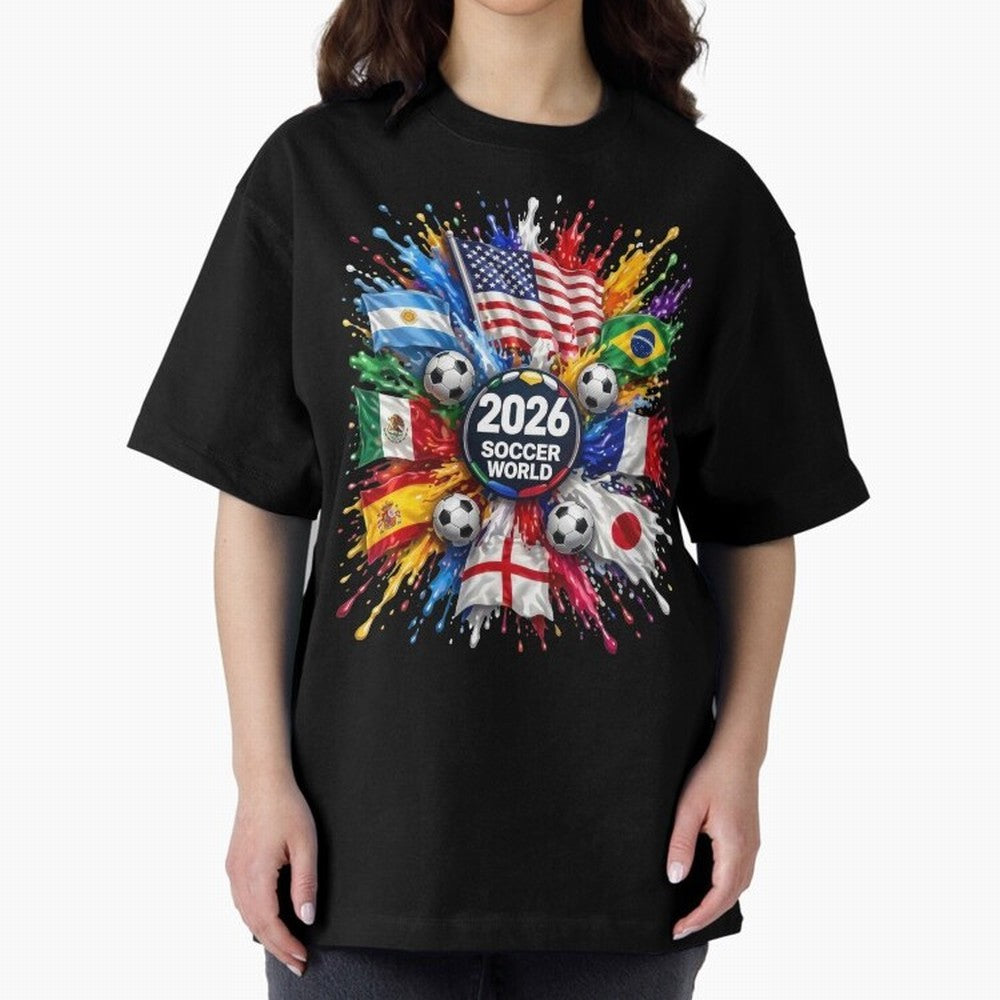2026 Soccer World Flags USA Mexico Canada Football Paint Splash Graphic Oversized T-Shirt Relive the FIFA World Cup 2026 Journey through Haaland and Mbappe Highlights, Argentina Pride, Worldwide Fan Energy, Dramatic Goals, Stadium Lights and