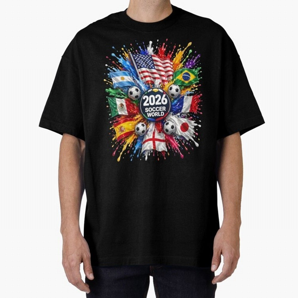 2026 Soccer World Flags USA Mexico Canada Football Paint Splash Graphic Oversized T-Shirt Relive the FIFA World Cup 2026 Journey through Haaland and Mbappe Highlights, Argentina Pride, Worldwide Fan Energy, Dramatic Goals, Stadium Lights and