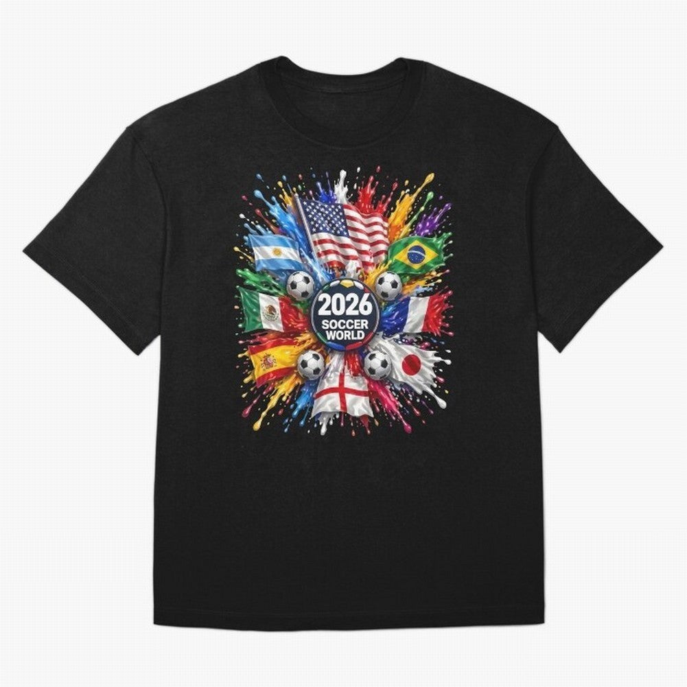 2026 Soccer World Flags USA Mexico Canada Football Paint Splash Graphic Oversized T-Shirt Relive the FIFA World Cup 2026 Journey through Haaland and Mbappe Highlights, Argentina Pride, Worldwide Fan Energy, Dramatic Goals, Stadium Lights and