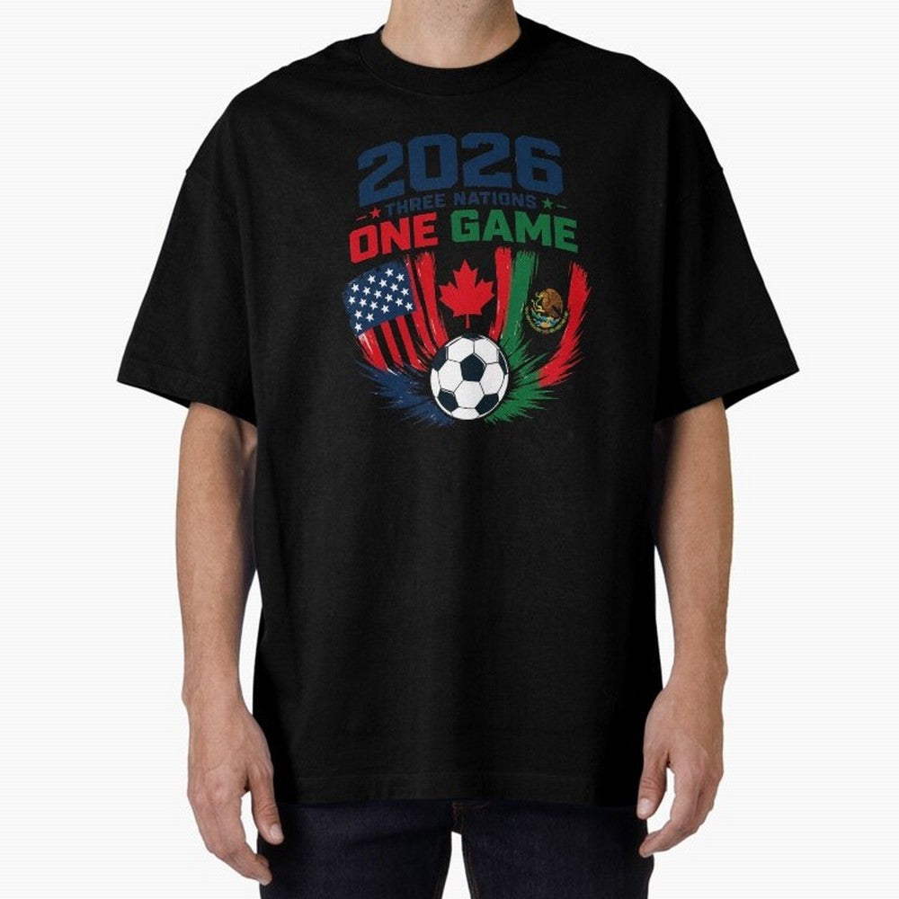 Three Nations One Game 2026 ¨C USA Canada Mexico Football Design ?????? Oversized T-Shirt Support Iconic Players in Global Football Passion for FIFA World Cup 2026 Group Stage, Capturing CR7 and Messi, Spain and Netherlands, Football Passion,