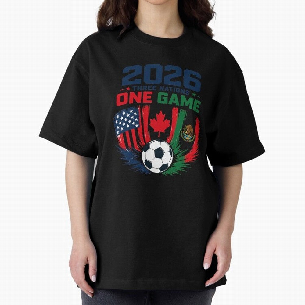 Three Nations One Game 2026 ¨C USA Canada Mexico Football Design ?????? Oversized T-Shirt Support Iconic Players in Global Football Passion for FIFA World Cup 2026 Group Stage, Capturing CR7 and Messi, Spain and Netherlands, Football Passion,