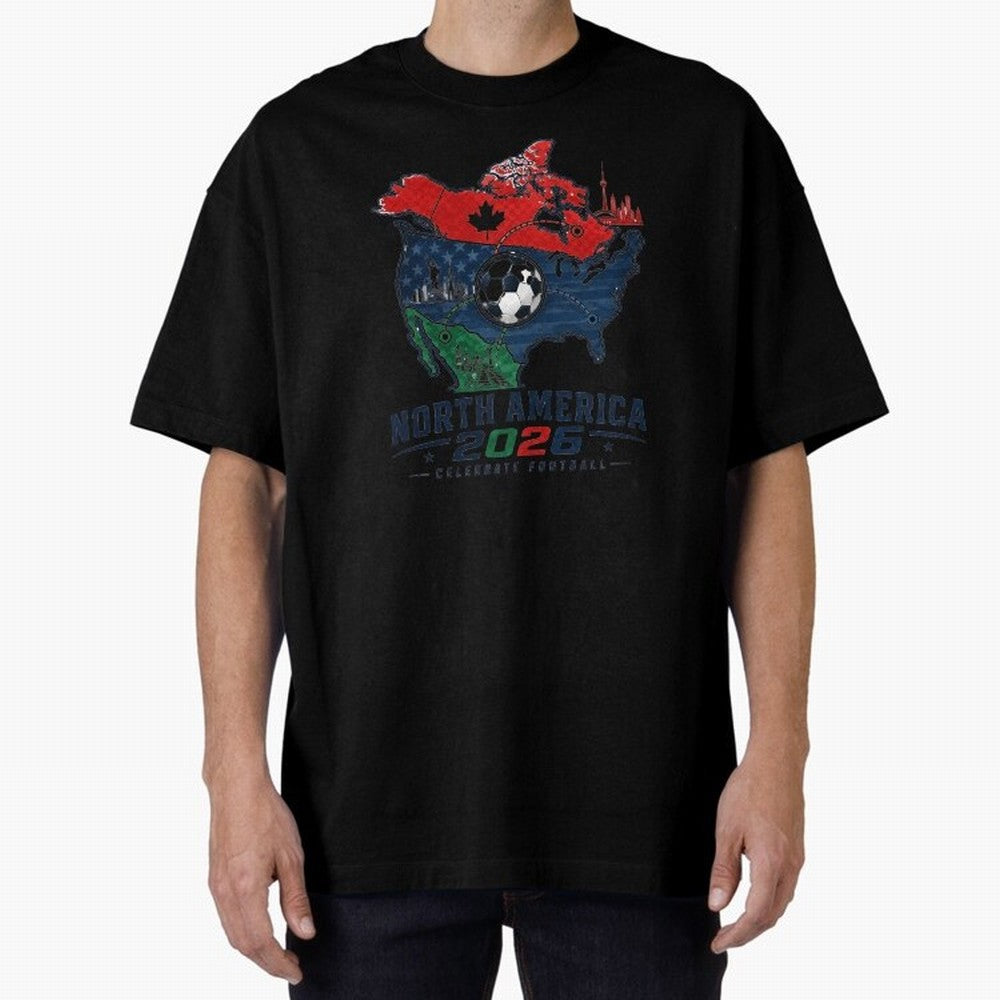 United by Football 2026 North America Soccer Design Oversized T-Shirt Spotlight the FIFA World Cup 2026 Journey through CR7 Highlights, Brazil Pride, Fan Favorite Moments, National Team Passion, Big Match Drama and Soccer History; Great for