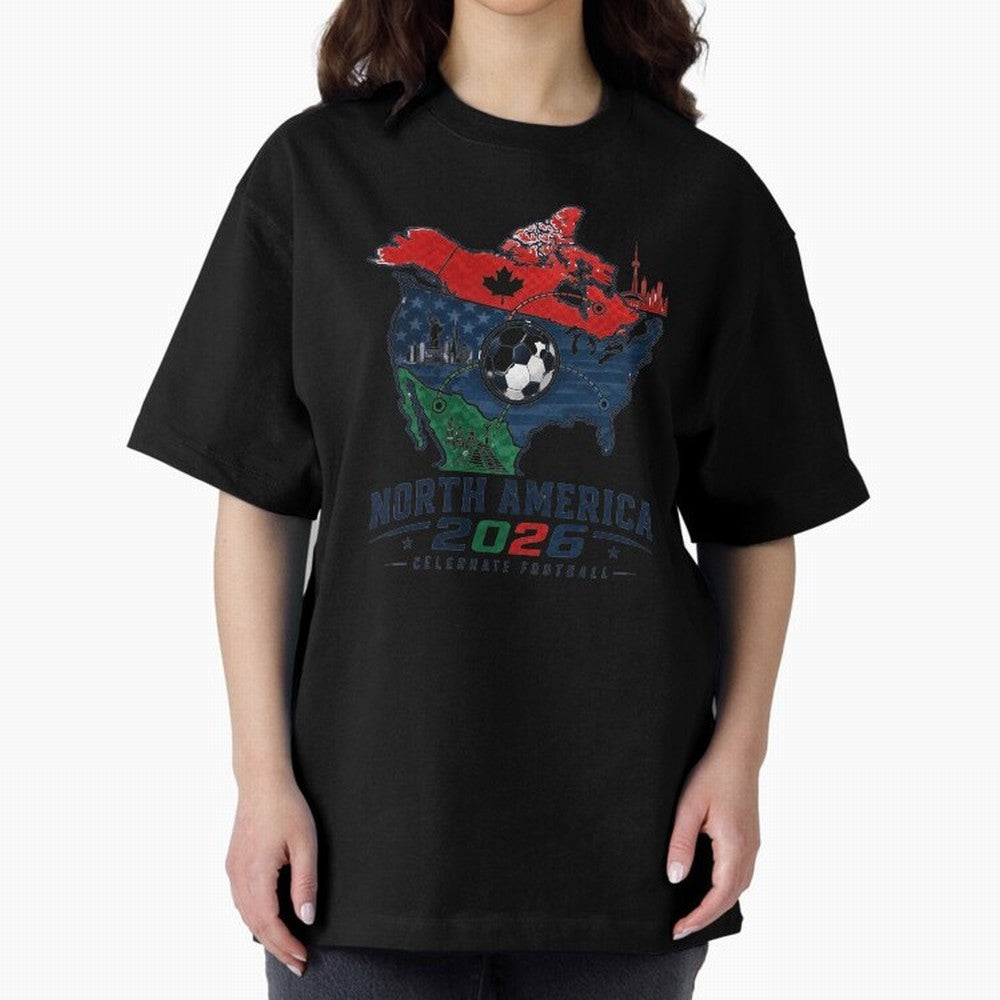 United by Football 2026 North America Soccer Design Oversized T-Shirt Spotlight the FIFA World Cup 2026 Journey through CR7 Highlights, Brazil Pride, Fan Favorite Moments, National Team Passion, Big Match Drama and Soccer History; Great for