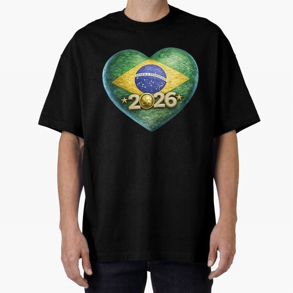 Brazil 2026 World Football Heart Flag Designs Oversized T-Shirt Share Global Football Passion for FIFA World Cup 2026, Featuring Mbappe, Portugal, Spain and Germany, Supporter Pride, Iconic Celebrations, Legendary Names and Global Match Day Energy;