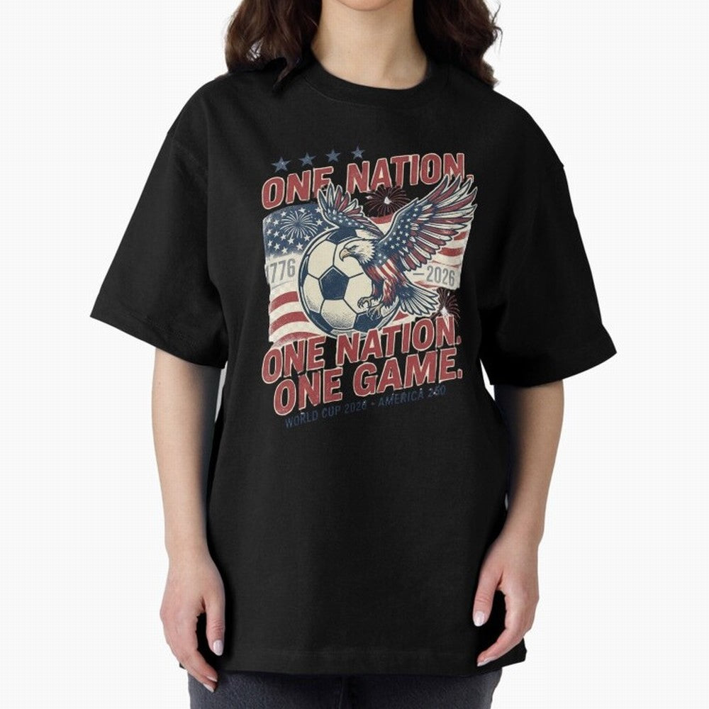 One Nation One Game World Cup 2026 Oversized T-Shirt Get Ready for the FIFA World Cup 2026 Group Stage Journey through Cristiano Ronaldo Highlights, France Pride, Worldwide Fan Energy, Dramatic Goals, Stadium Lights and Championship Celebrations;