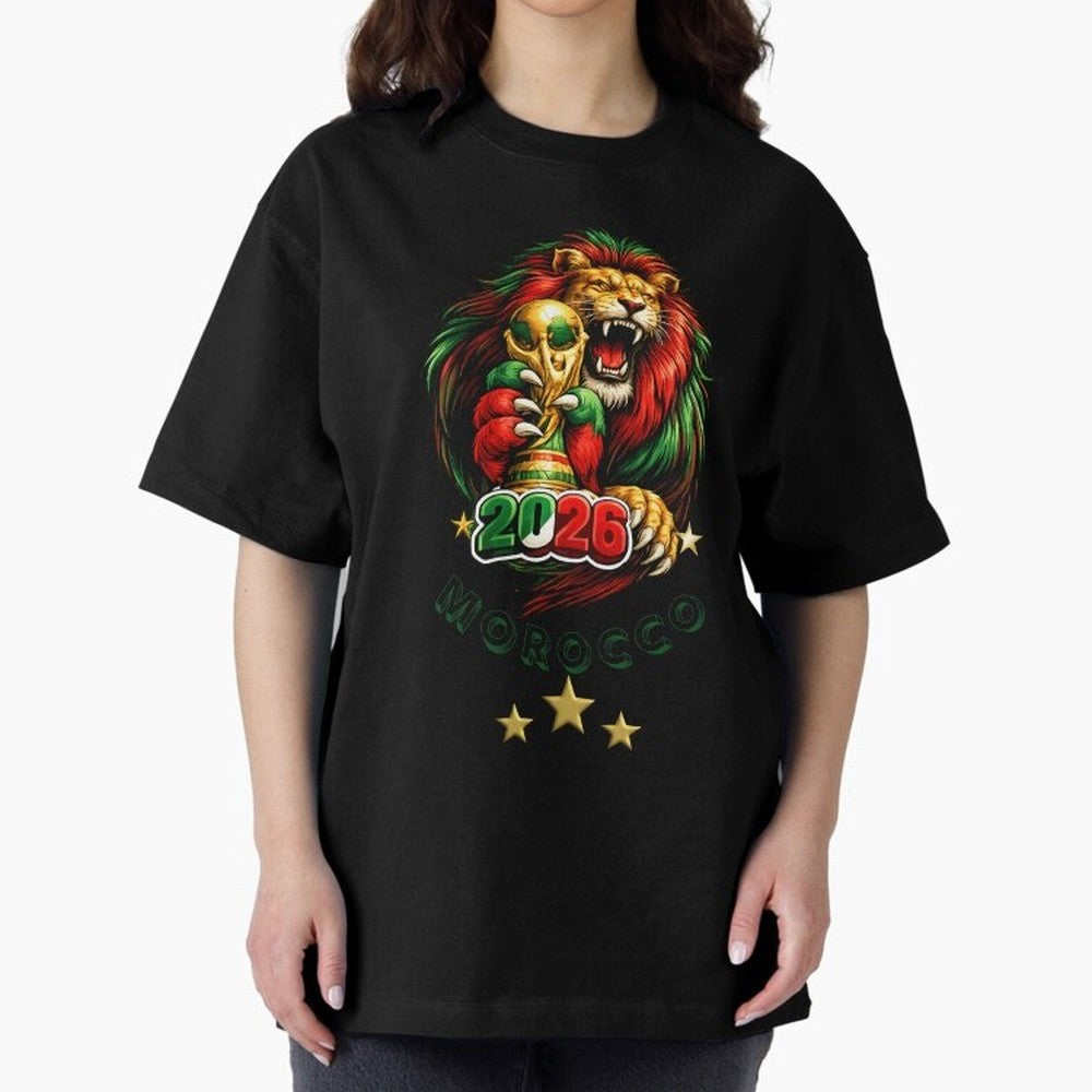 Moroccan Lion World Cup 2026 Design Oversized T-Shirt Fuel the Hype around FIFA World Cup 2026 Group Stage Spirit, with France and Portugal, Messi, Neymar and Mbappe, Vintage Soccer Flavor, Modern Football Stars, National Flags and Final Night