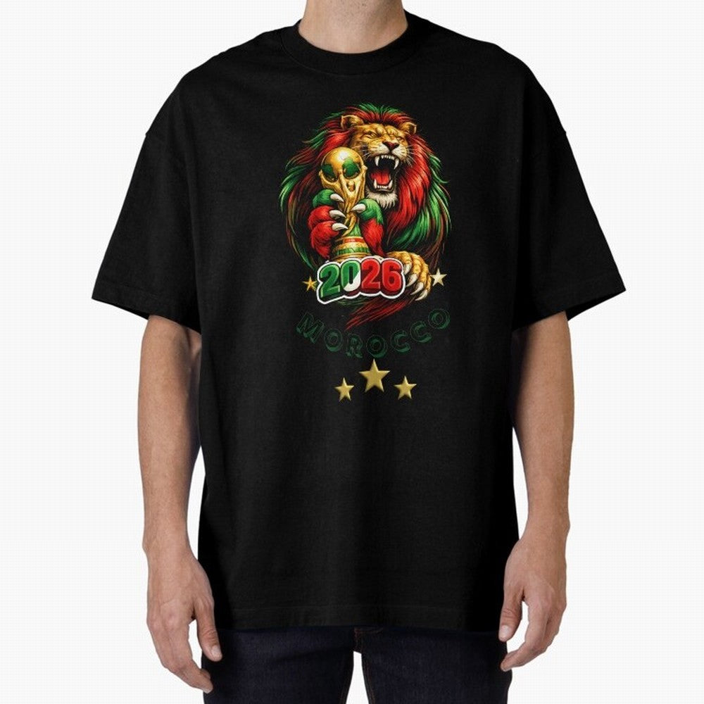 Moroccan Lion World Cup 2026 Design Oversized T-Shirt Fuel the Hype around FIFA World Cup 2026 Group Stage Spirit, with France and Portugal, Messi, Neymar and Mbappe, Vintage Soccer Flavor, Modern Football Stars, National Flags and Final Night